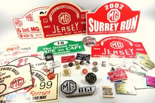 MG car rally boards, metal badges, various car rally plaques, and other MG car owners club related