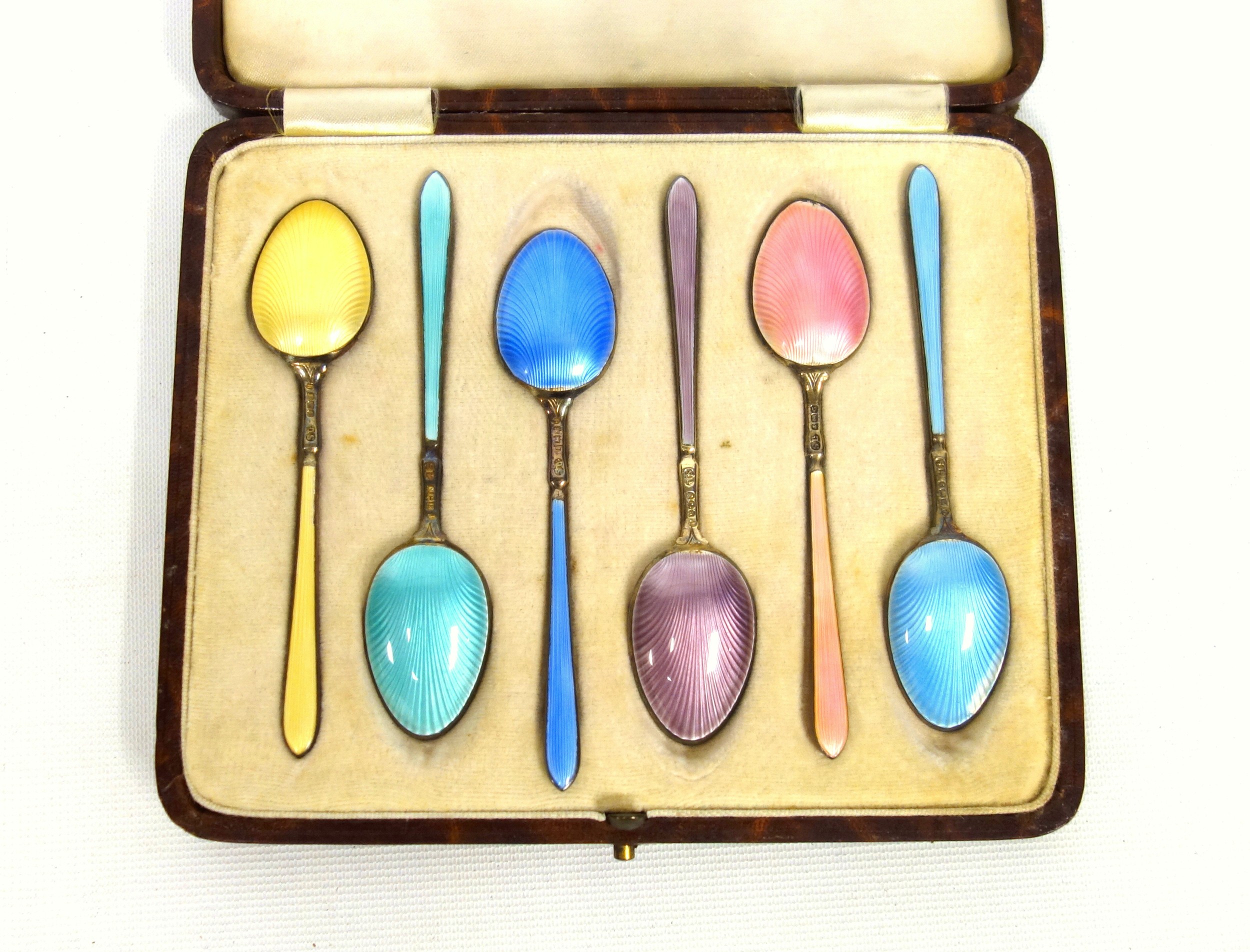 Set of 6 silver gilt and coloured enamel harlequin shell back coffee spoons, by S. Ltd., Birmingham, - Image 2 of 4