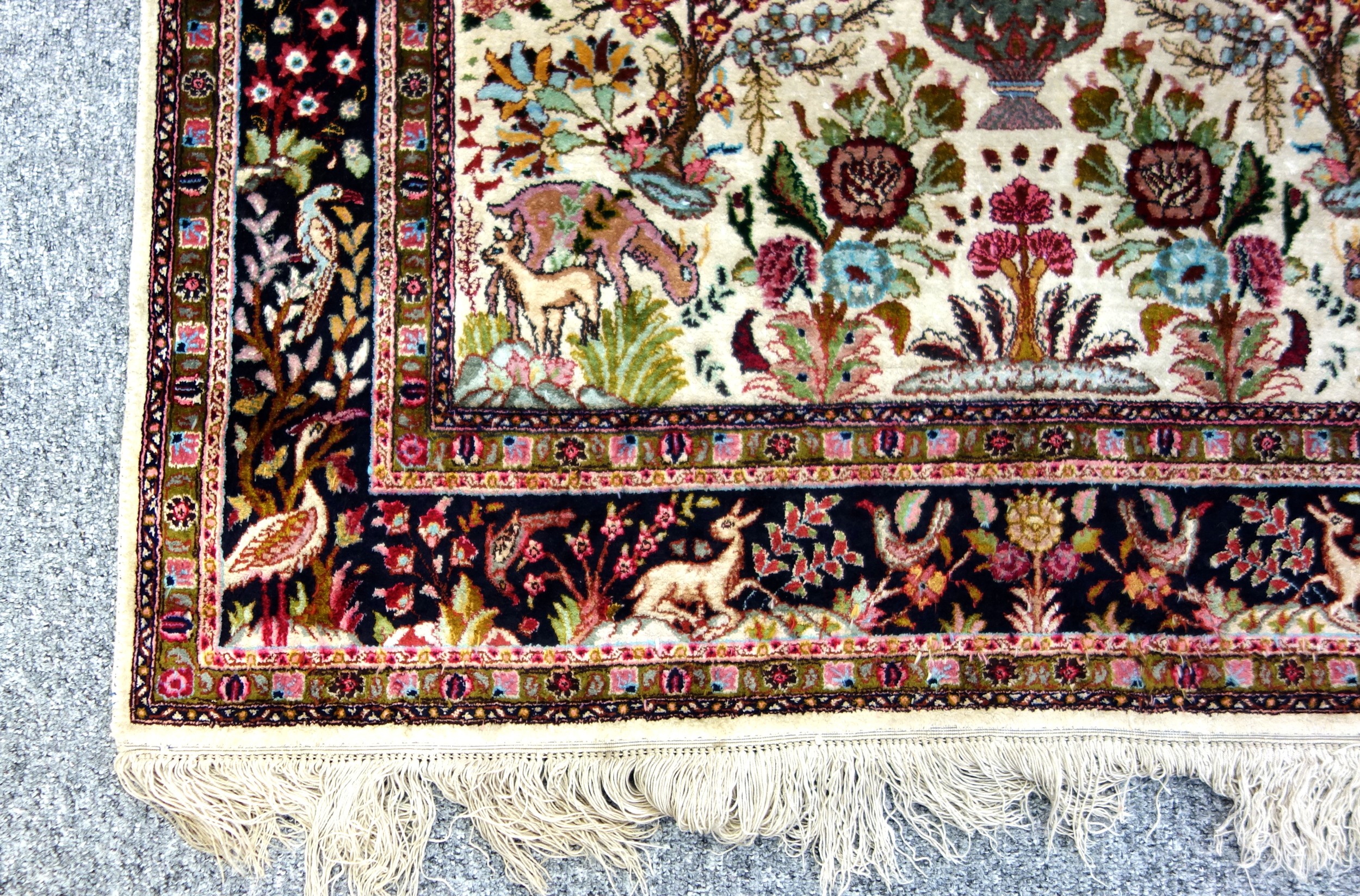 Persian "Tree of Life" prayer rug, the ivory field with all-over flowering trees, animals, and birds - Image 3 of 4