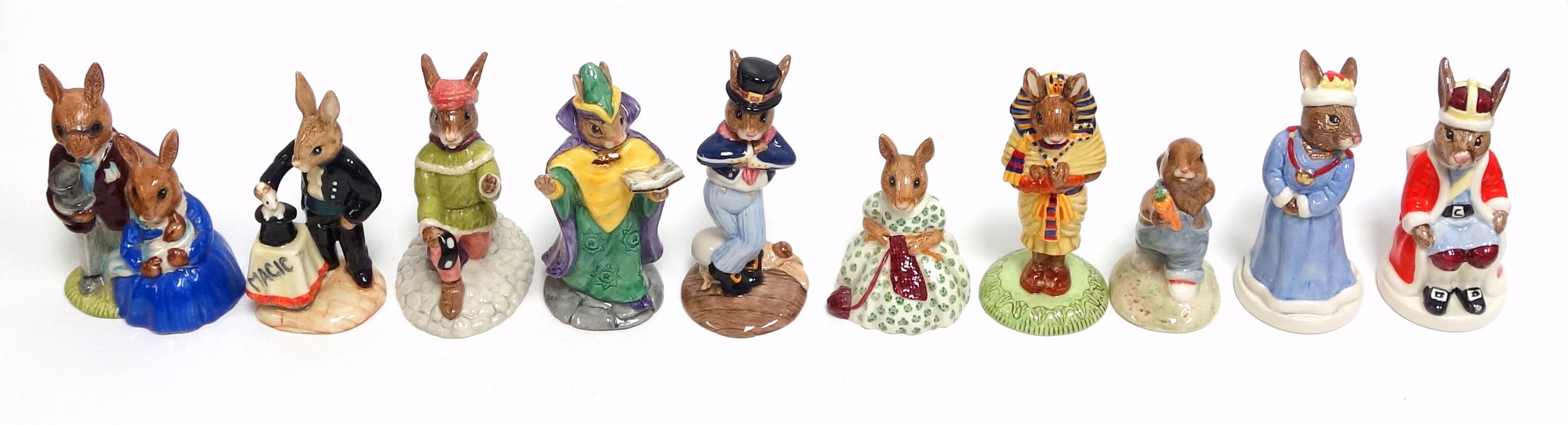 Ten Royal Doulton Bunnykins models, including King John and Queen Sophie, Tutankhamun, Mystic,