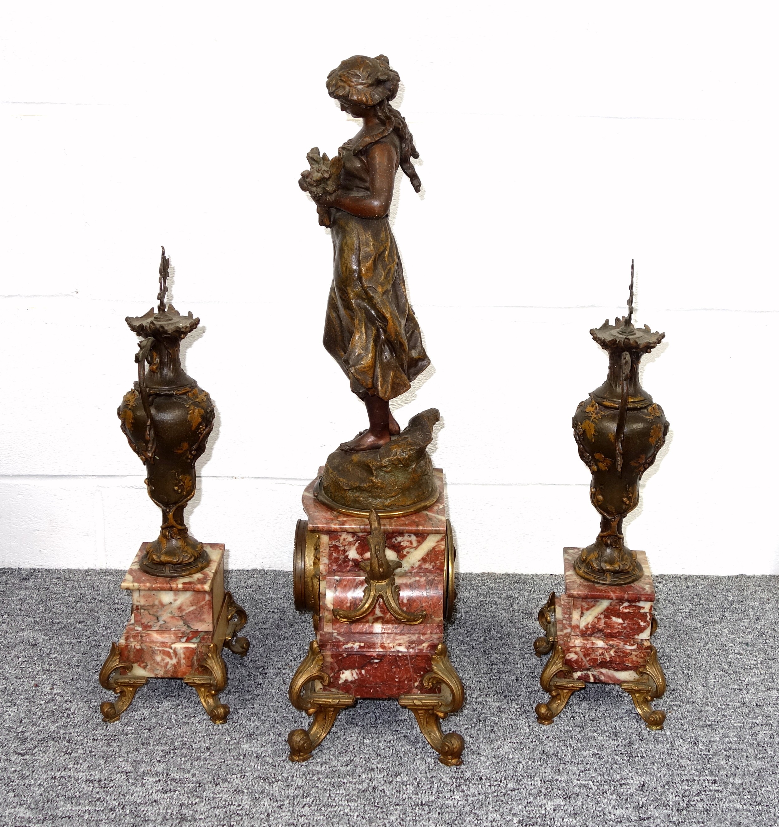 Late 19th Century French 3 piece garniture comprising a gilt spelter and marble mantel clock with - Image 3 of 6