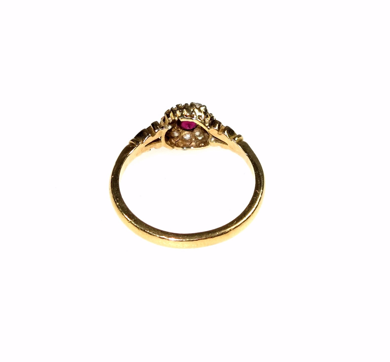 18ct diamond and ruby cluster ring stamped 18ct, set old cut ruby and diamonds, ring size N 1/2, - Image 5 of 7