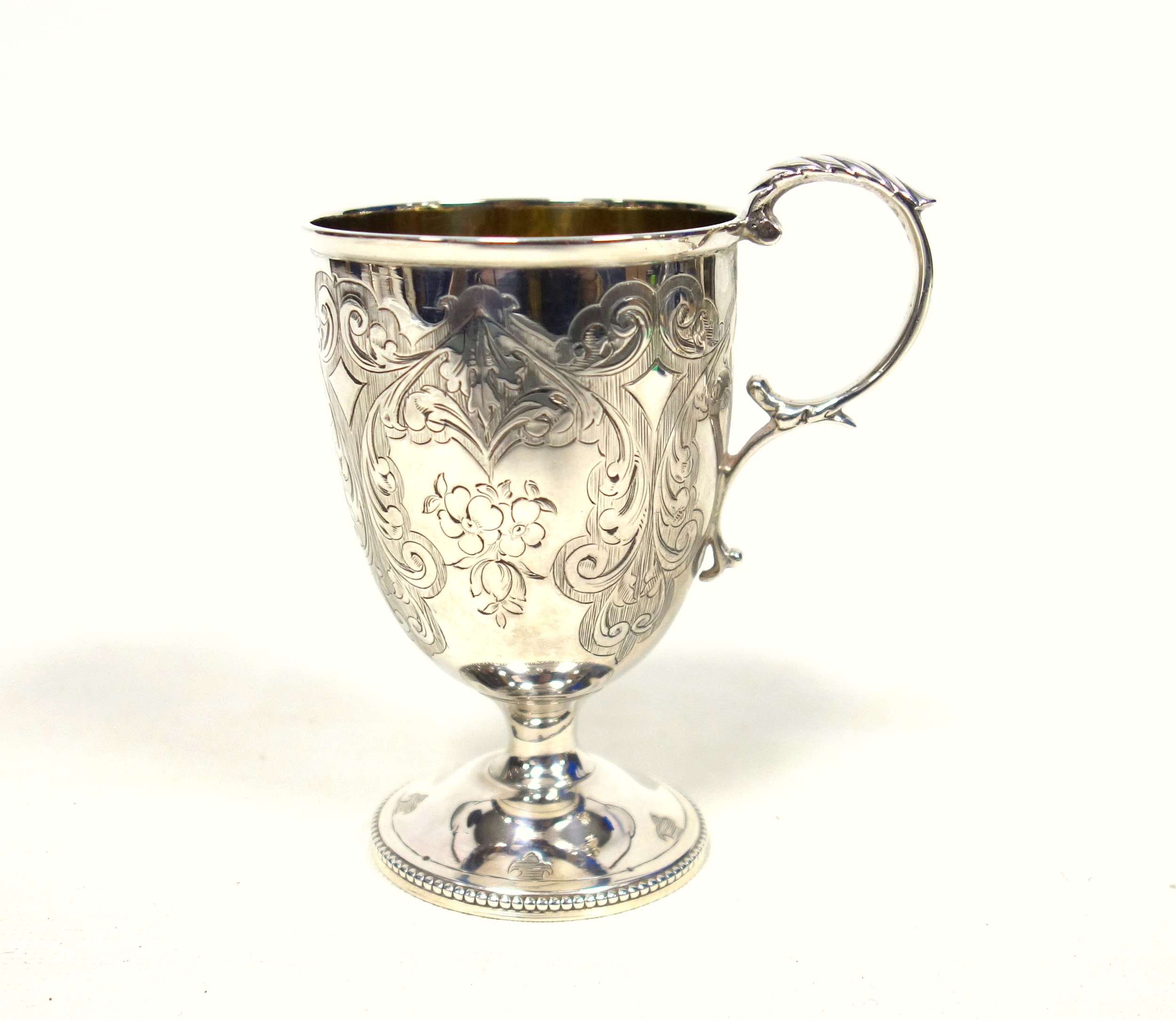 Victorian silver pedestal christening mug with all-over chased floral decoration initialled "N", - Image 3 of 5