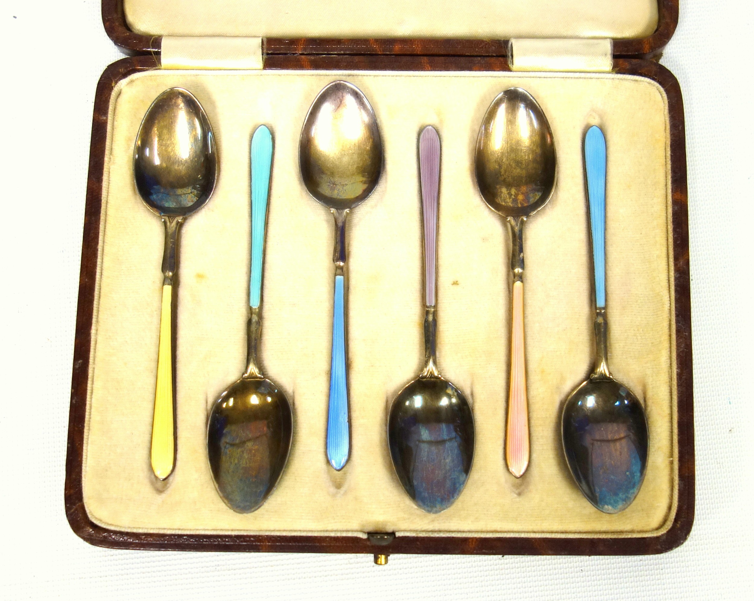 Set of 6 silver gilt and coloured enamel harlequin shell back coffee spoons, by S. Ltd., Birmingham, - Image 3 of 4