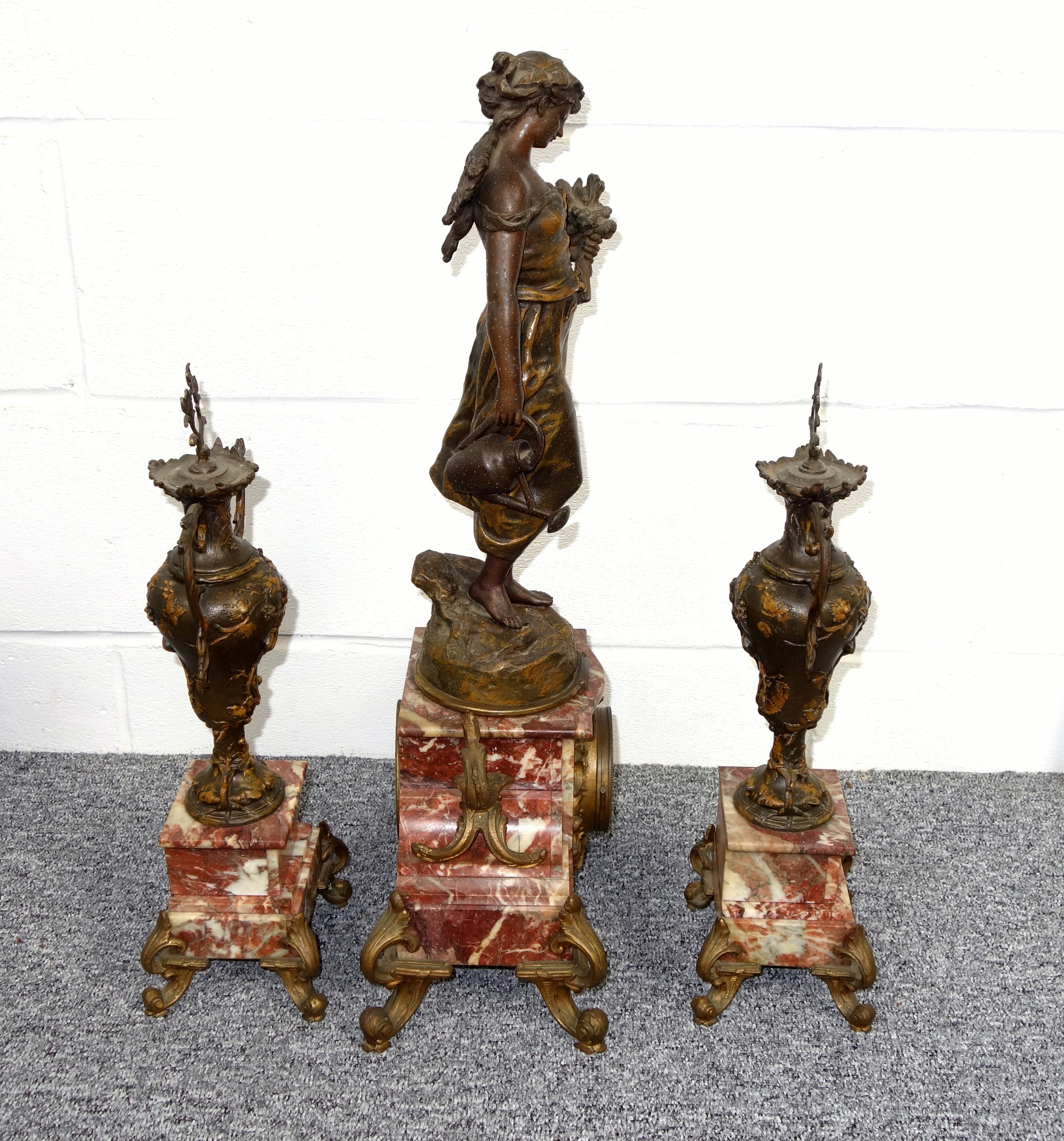 Late 19th Century French 3 piece garniture comprising a gilt spelter and marble mantel clock with - Image 6 of 6