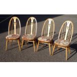 Ercol set of 4 Swan back Windsor dining chairs, with upholstered cushion attached by strap and