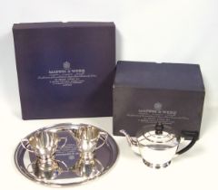 Art Deco Mappin & Webb silver plated 3-piece tea set, the teapot with ebonised handle and stepped