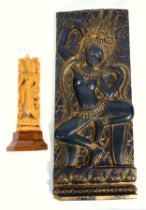 Cambodian Apsara carved wood panel, 51.5 x 21cm, and a sandalwood sculpture of Parvati, on stand,