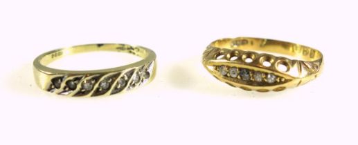 18ct gold ring with 5 diamonds in a pierced setting, Chester, 1911, 2.3grs, and a 9ct ring set 7