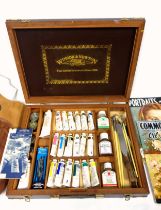 Windsor and Newton brass bound wooden artists paint and materials box, containing 20 tubes of oil