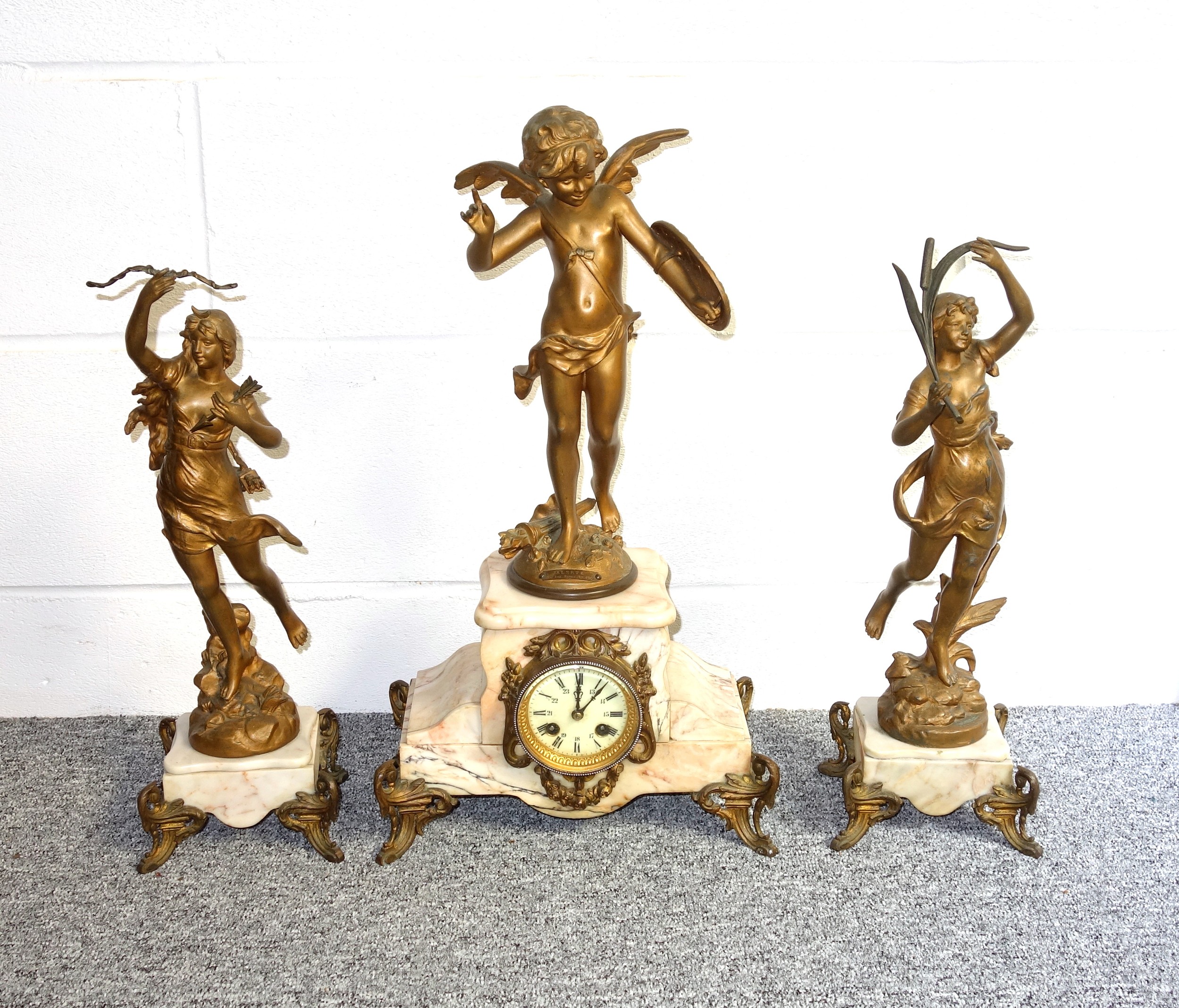 Early 20th Century French 3 piece garniture comprising a gilt spelter and marble mantel clock with