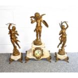 Early 20th Century French 3 piece garniture comprising a gilt spelter and marble mantel clock with