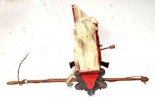 Seed spreader, W.107cm overall; large leather horse collar, H.73cm approx.; pair of hames, 2 pairs