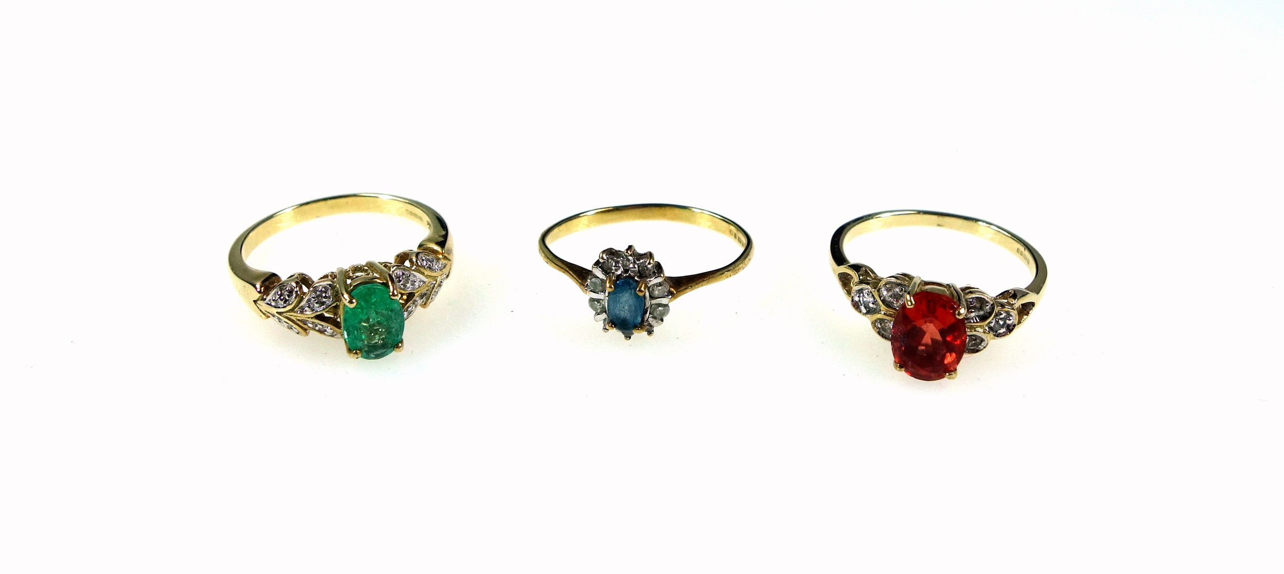 9ct gold ring set topaz and 6 diamonds, 9ct ring set pale green stone and brilliants, and a 9ct ring