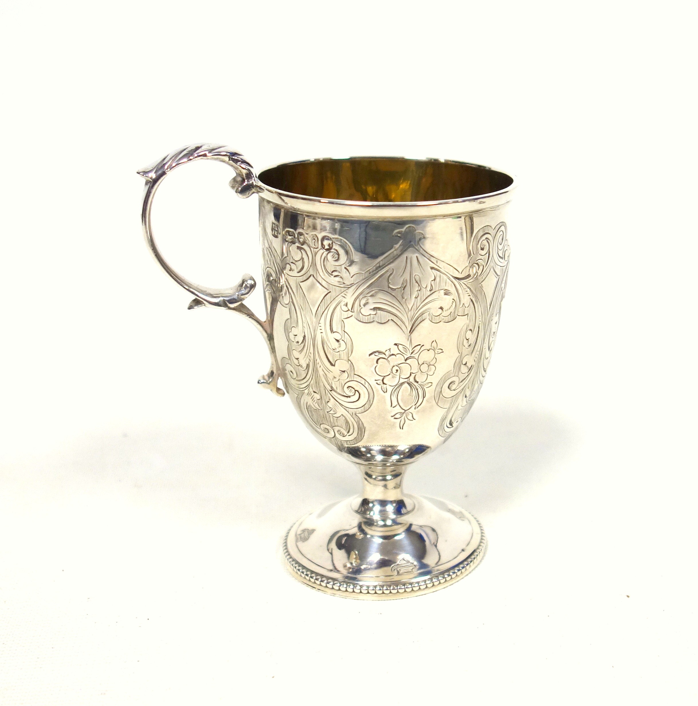 Victorian silver pedestal christening mug with all-over chased floral decoration initialled "N", - Image 2 of 5