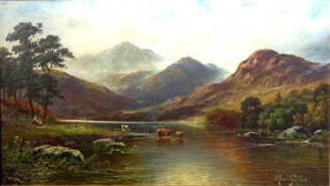 Alec Taylor (Scottish, 19th Century), Highland landscape with cattle watering in a river, figures