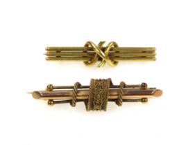 Two Late Victorian 15ct gold triple bar brooches, W. 4.2cm, 6.6 grams (2)