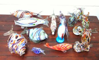 Collection of 13 Murano style glass fish, various colours, shapes and sizes, largest W. 37cm. (13)