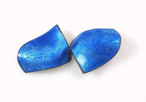 A Norwegian Modernist silver and guilloche enamel brooch, comprising two attached blue enamel