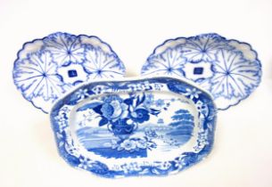 Two Wedgwood blue and white serving dishes, 19th century, moulded with oak leaves on basket