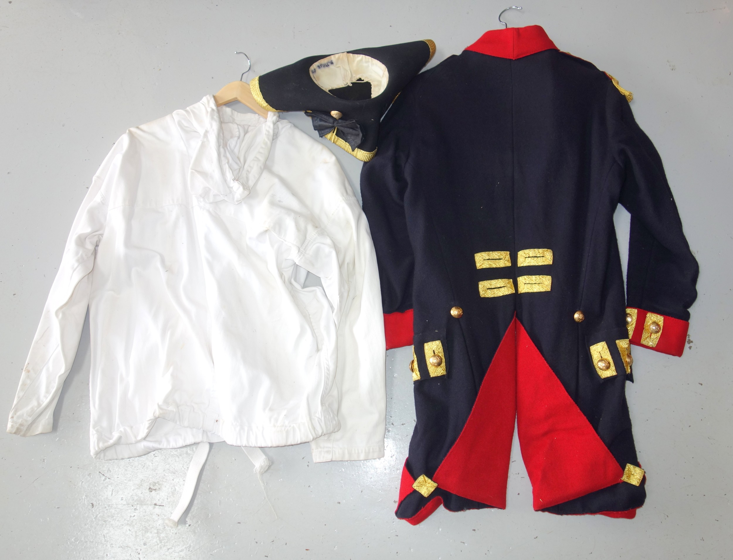 18th century style soldiers tunic, with red and gilt appliques and brass buttons, tricorn hat, - Image 2 of 5