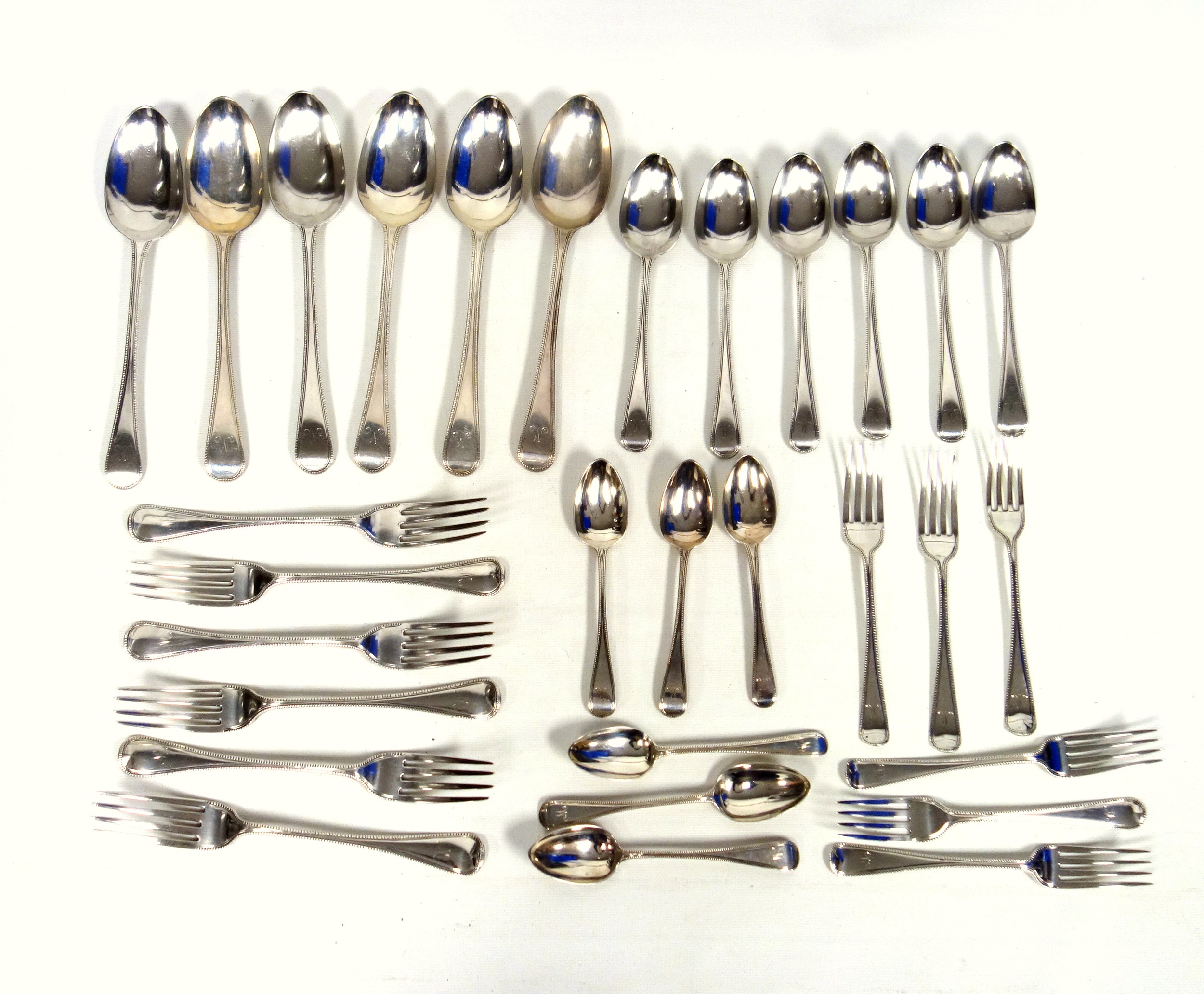 Matched suite of 30 pieces of late Georgian and Victorian silver Old English bead pattern cutlery, - Image 2 of 5