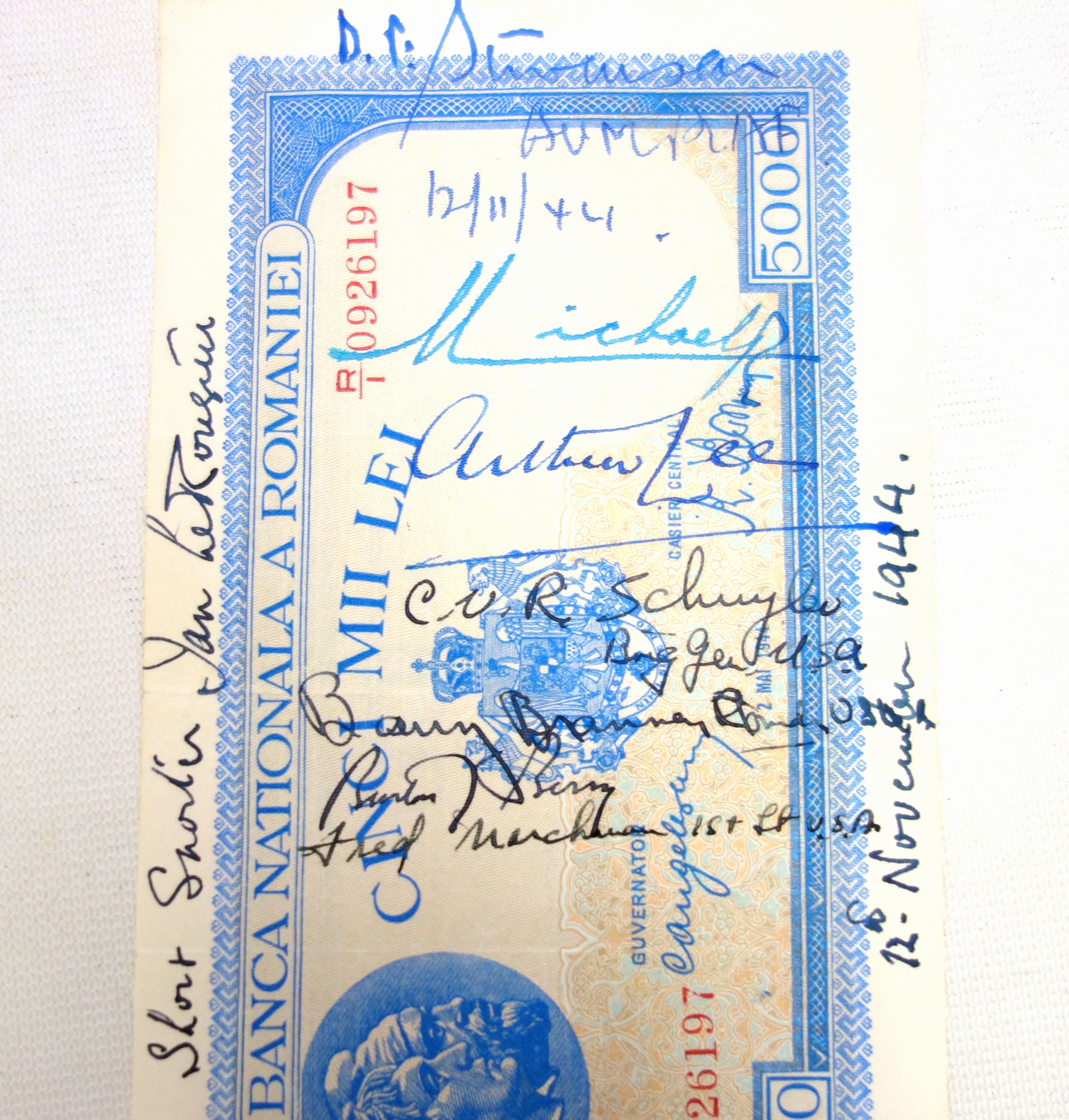 'Short snorter' for 12th November 1944, a Romanian 5000 lei banknote from British diplomat, Sir John - Image 3 of 3