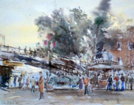 John Linfield (b.1930), "The Newsagents Kiosk by the Academy Bridge, Venice - Early Morning", signed