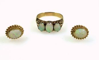 9ct gold opal trio ring, size R, 4.3 grams, and a pair of 9ct gold earrings set opal, 1.7 grams (3)