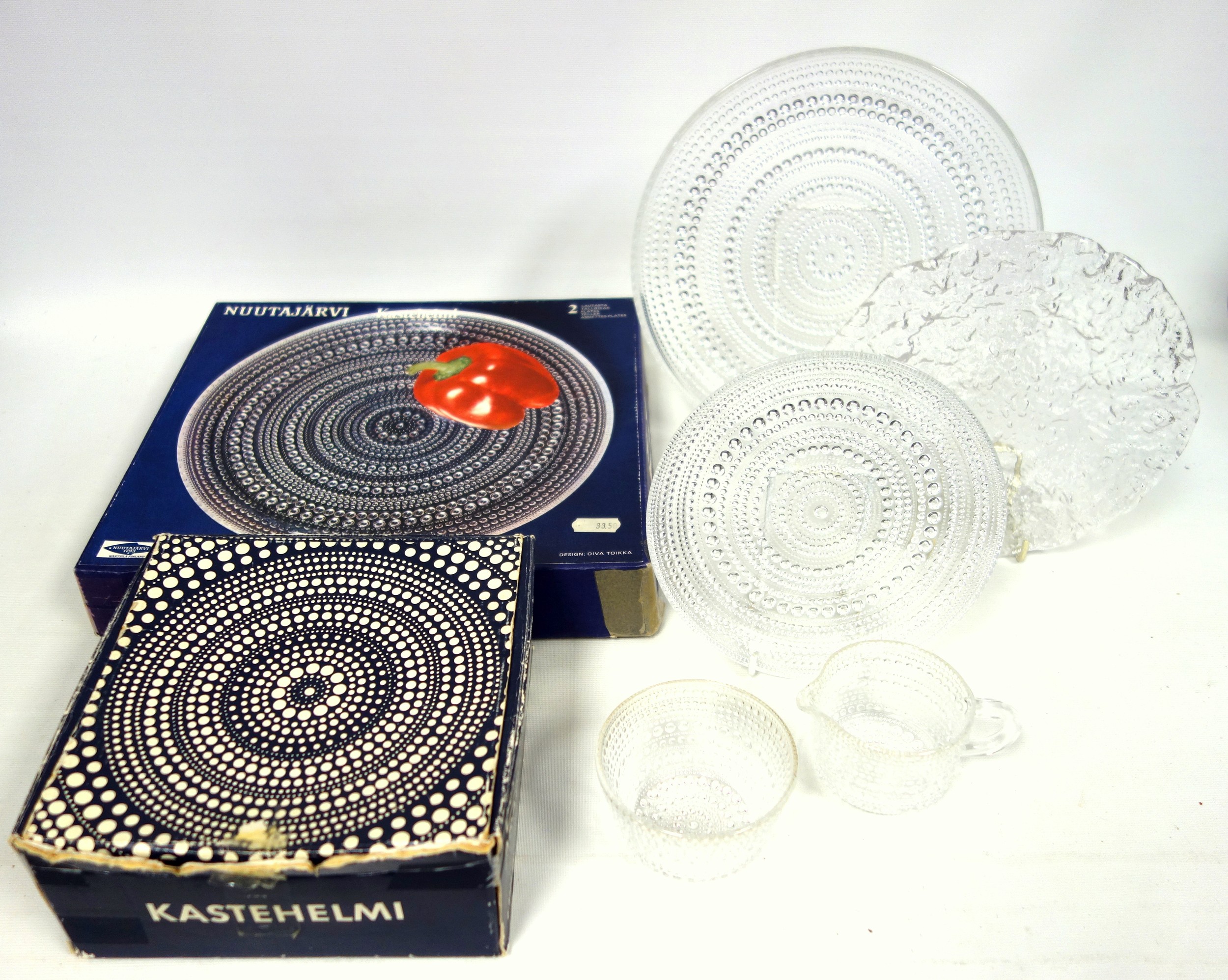 'Kastehelmi' (Dewdrop) design clear glass, set of 6 small plates (boxed) by Oiva Toikka for