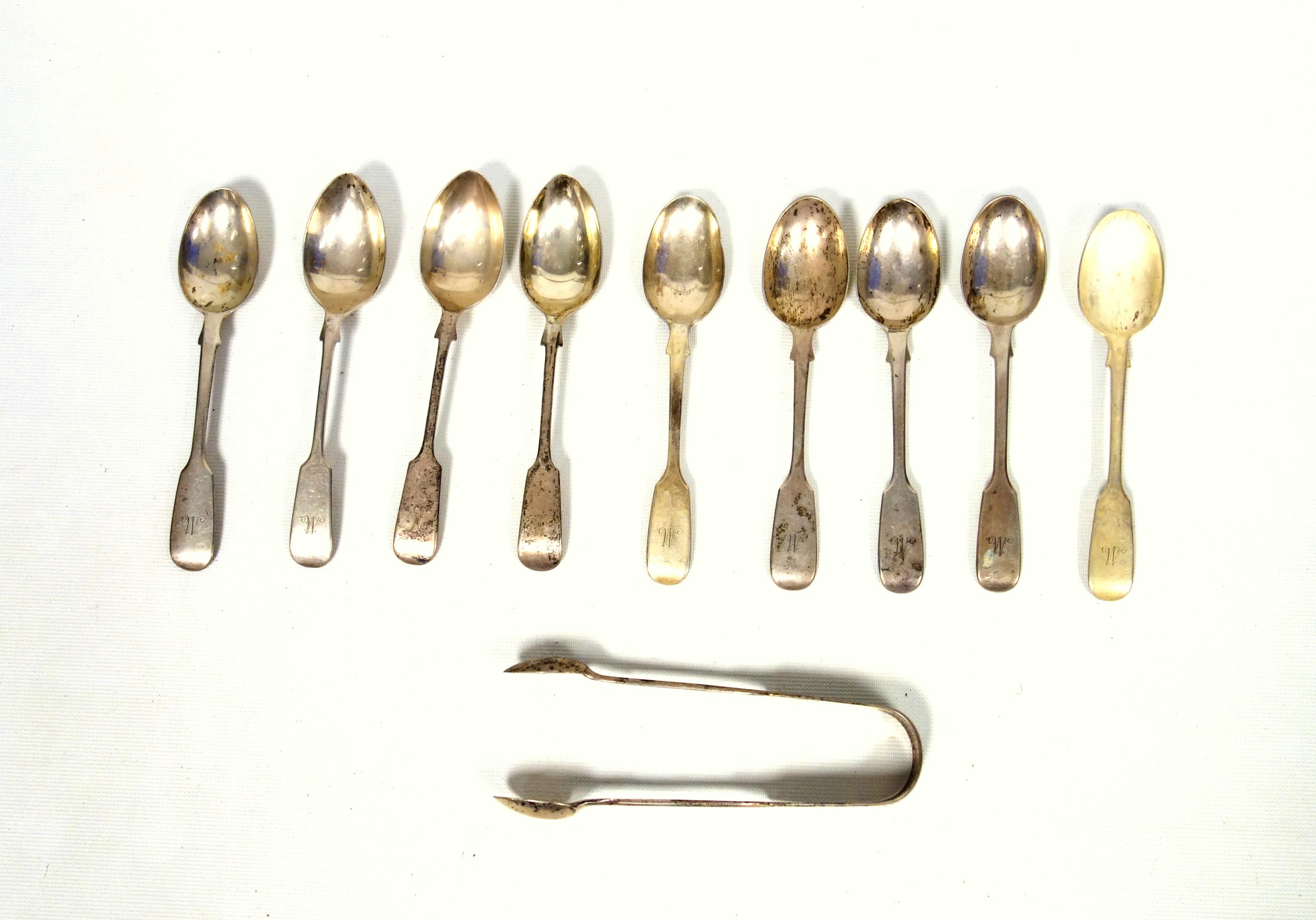 Set of 6 Victorian Fiddle Pattern teaspoons and a pair of sugar tongs, by Henry Holland, London, - Image 2 of 4