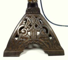 Oil lamp (converted) with Coalbrookdale style iron base, stylised decoration in the manner of