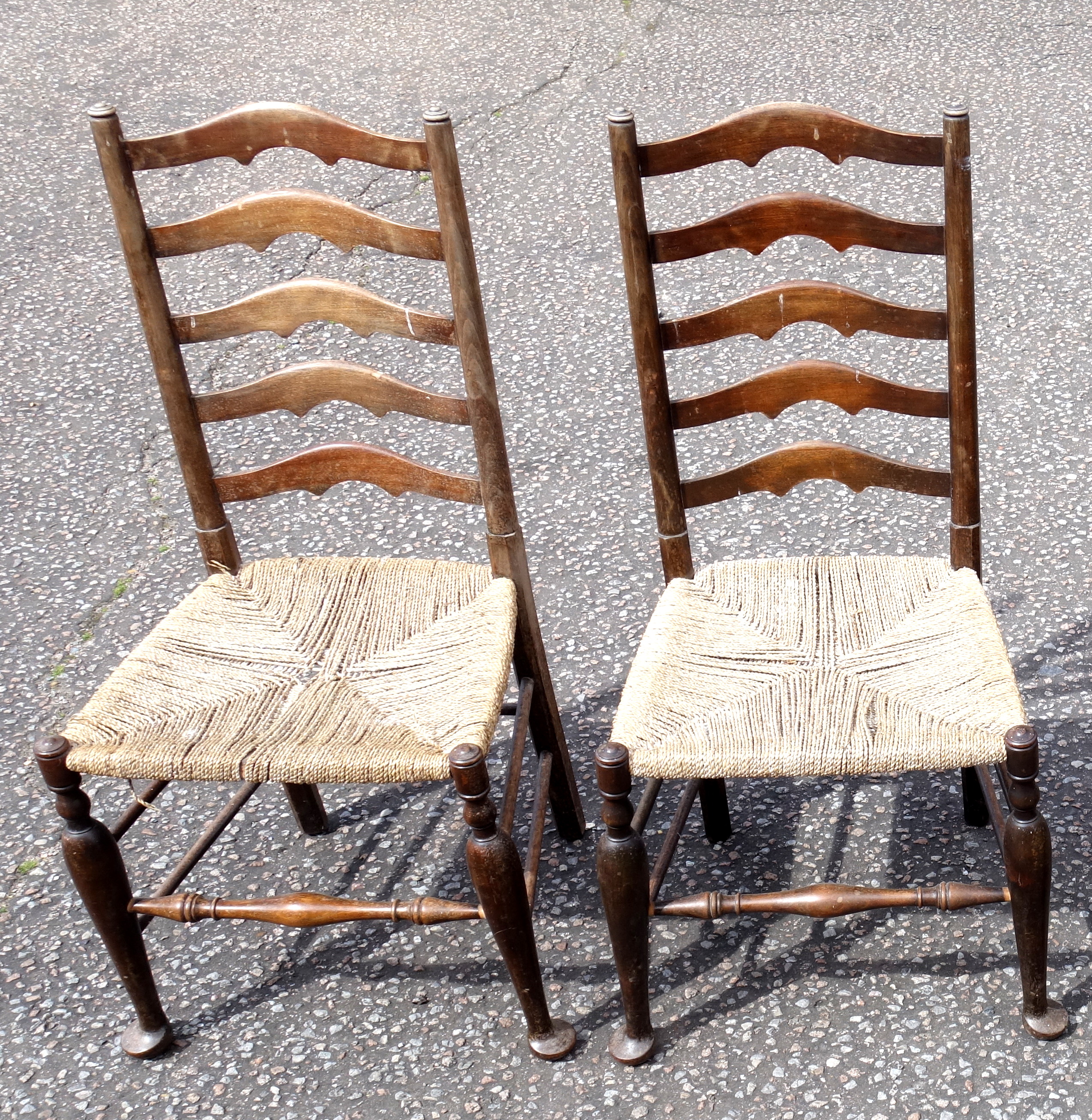 Pair of 2 Edwardian Yorkshire style beech chairs, each with a ladder back and seagrass seat