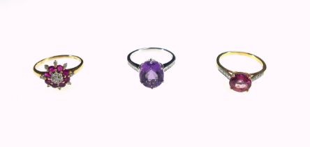 9ct gold ring set rubies and diamonds, 9ct ring set amethyst and diamonds, and a 9ct ring set pale