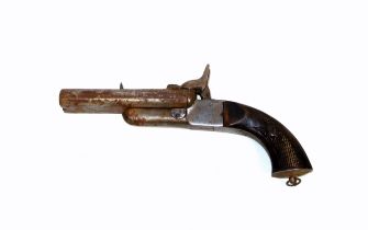 19th Century double barrel breach loading pistol, with a box lock pin fire action, 13cm octagonal