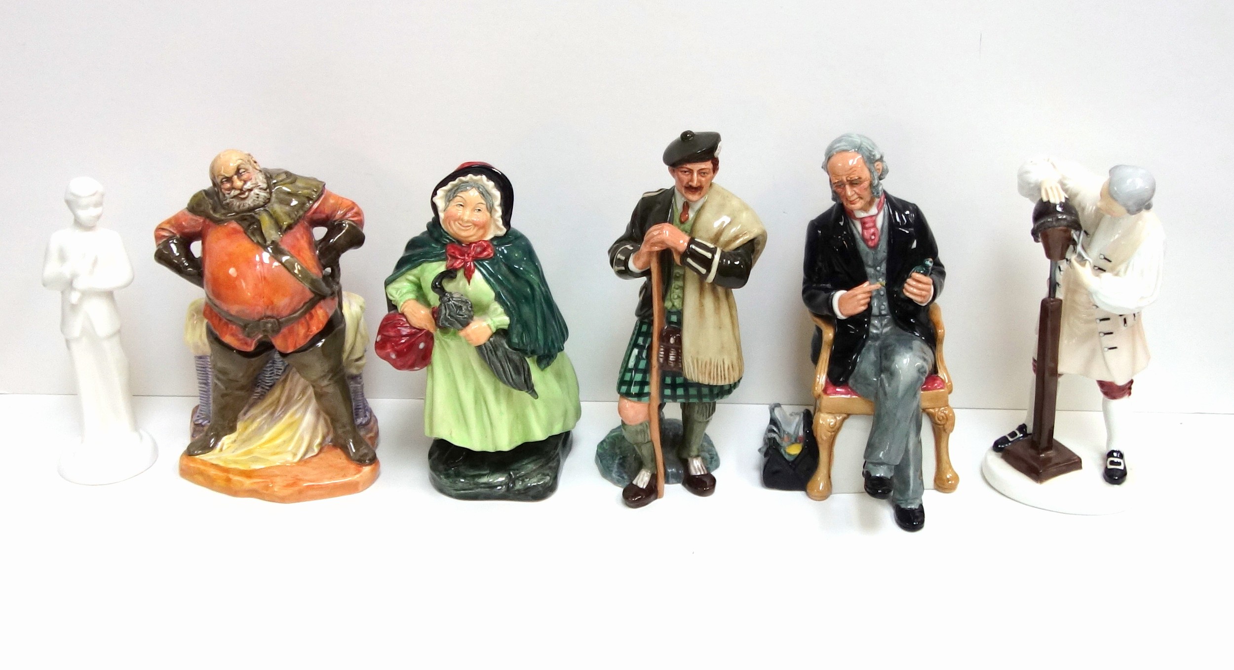 Royal Doulton Charles Dickens character figure Sairey Gamp, style 3, HN 2100; Falstaff, HN 2054; The