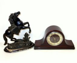 Bronzed spelter model of a Marly Horse, H.41cm, and a mahogany mantel clock with an 8 day striking