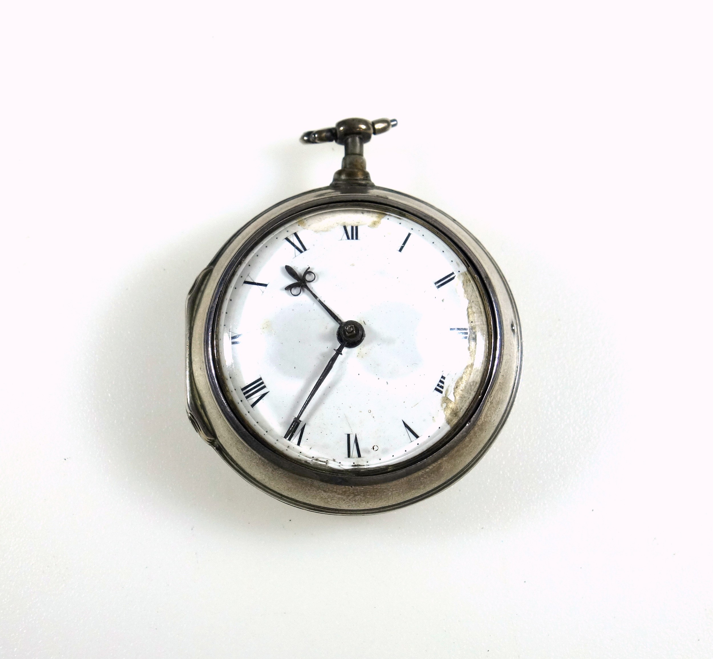 George III pocket watch with a white enamelled circular dial and black Roman numerals enclosing a