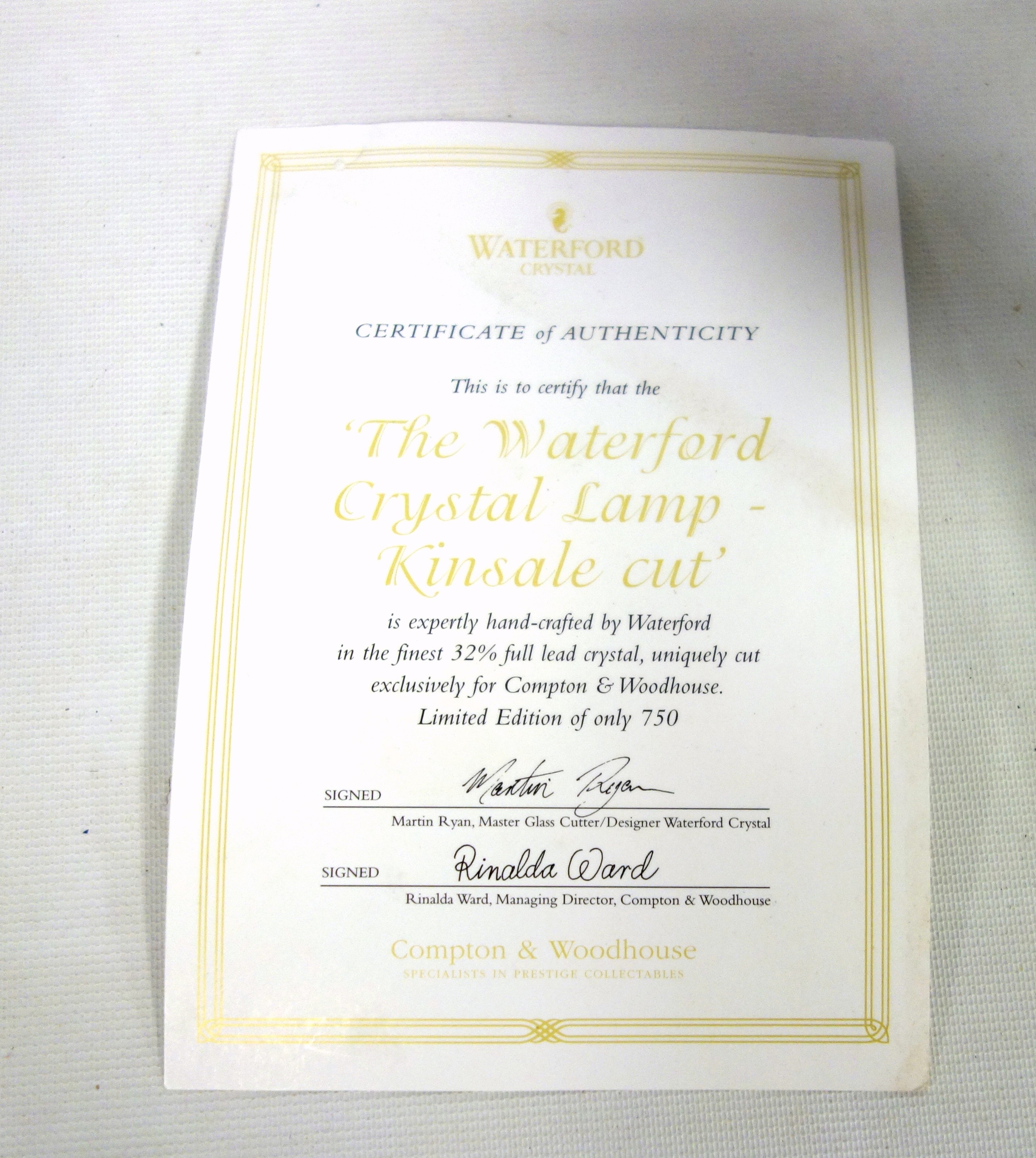 Compton & Woodhouse Waterford 'Kinsale' crystal table lamp with certificate, pair of Waterford candl - Image 2 of 2