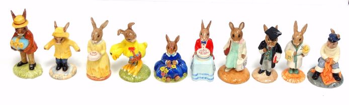 Ten Royal Doulton Bunnykins models, including Easter Parade, Happy Birthday, 60th Anniversary,