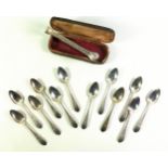 Set of 12 George III Scottish Provincial silver teaspoons and a pair of sugar tongs, each with