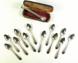 Set of 12 George III Scottish Provincial silver teaspoons and a pair of sugar tongs, each with