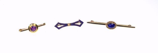 9ct gold and blue enamel bar brooch with a cabochon centre, by S & Son, London, 1991, L.5cm; foreign