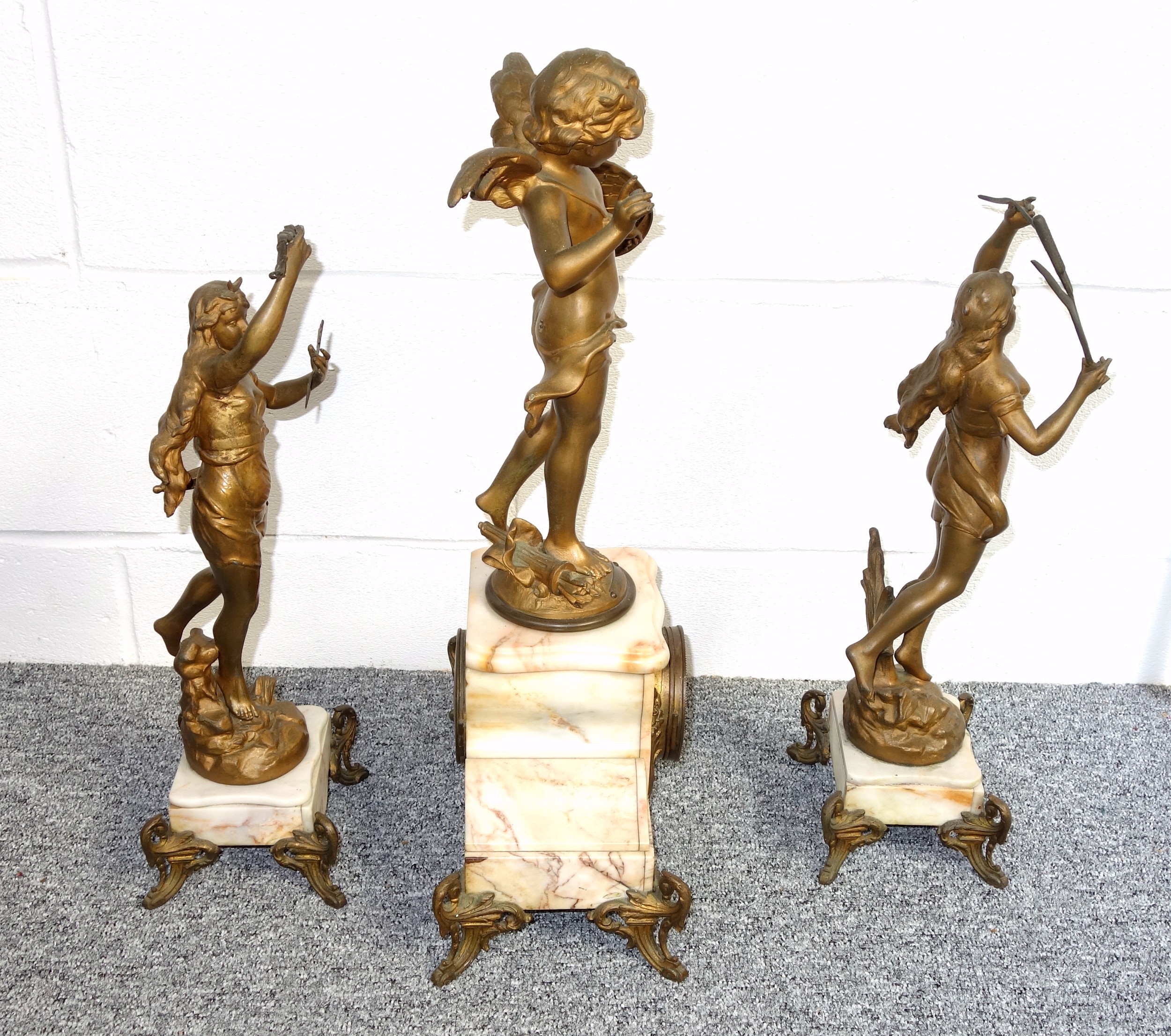 Early 20th Century French 3 piece garniture comprising a gilt spelter and marble mantel clock with - Image 9 of 9