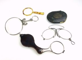 19th century Tortoiseshell quizzing glass, folding pince-nez glasses in leather case from Adie,