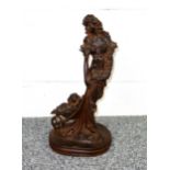 Victorian cast iron group of a maiden wearing flowing costume with flowers and a dog in a barrow