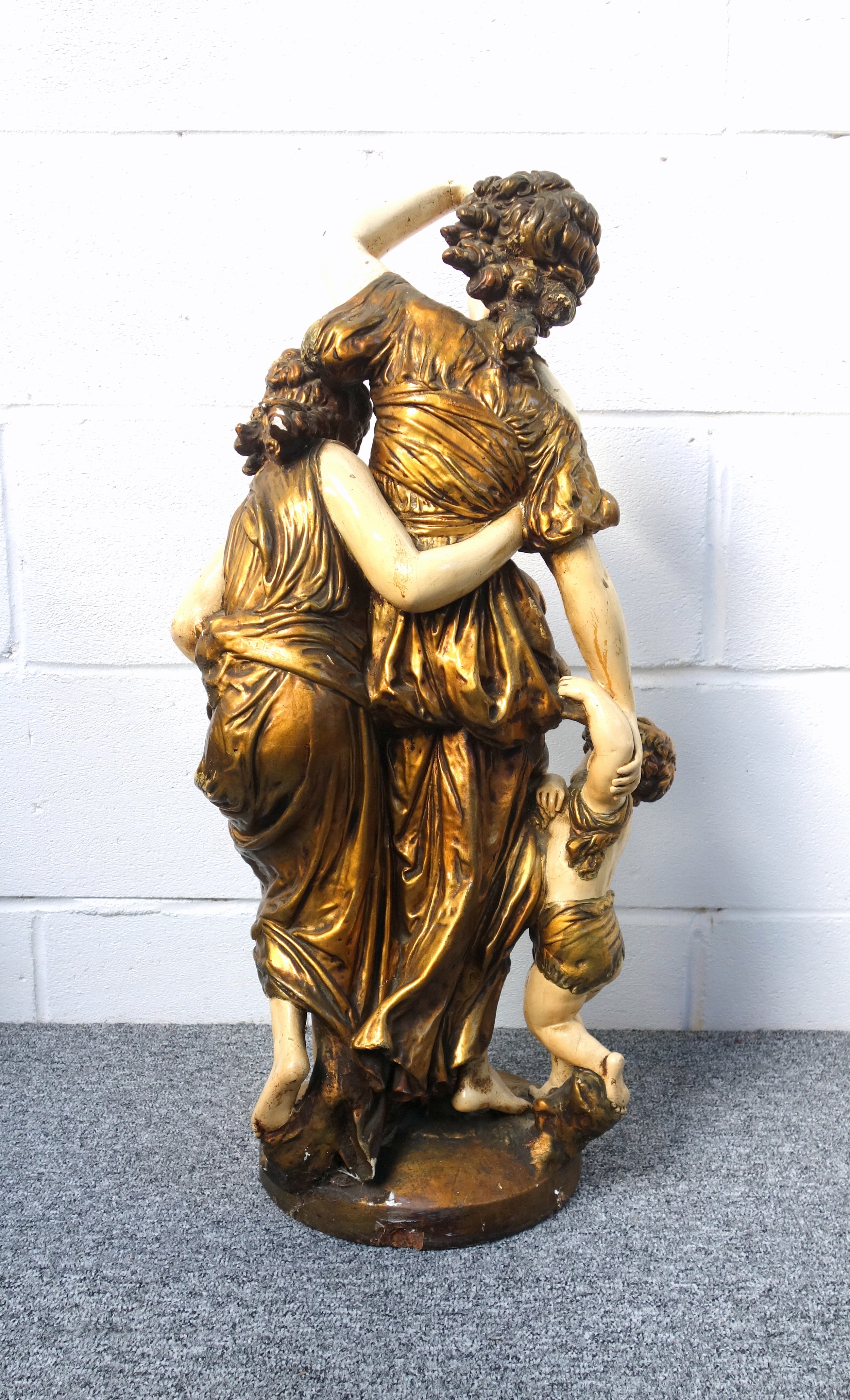 Late 19th Century Austrian plaster group of a woman with two children wearing gold costume, standing - Image 3 of 5