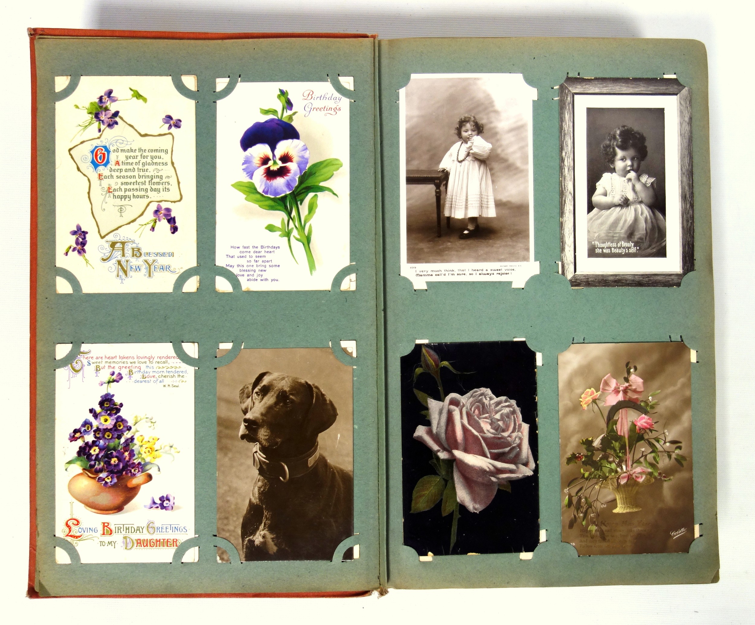 Art Nouveau postcard album containing Edwardian and George V cards depicting children, animals, - Image 4 of 12