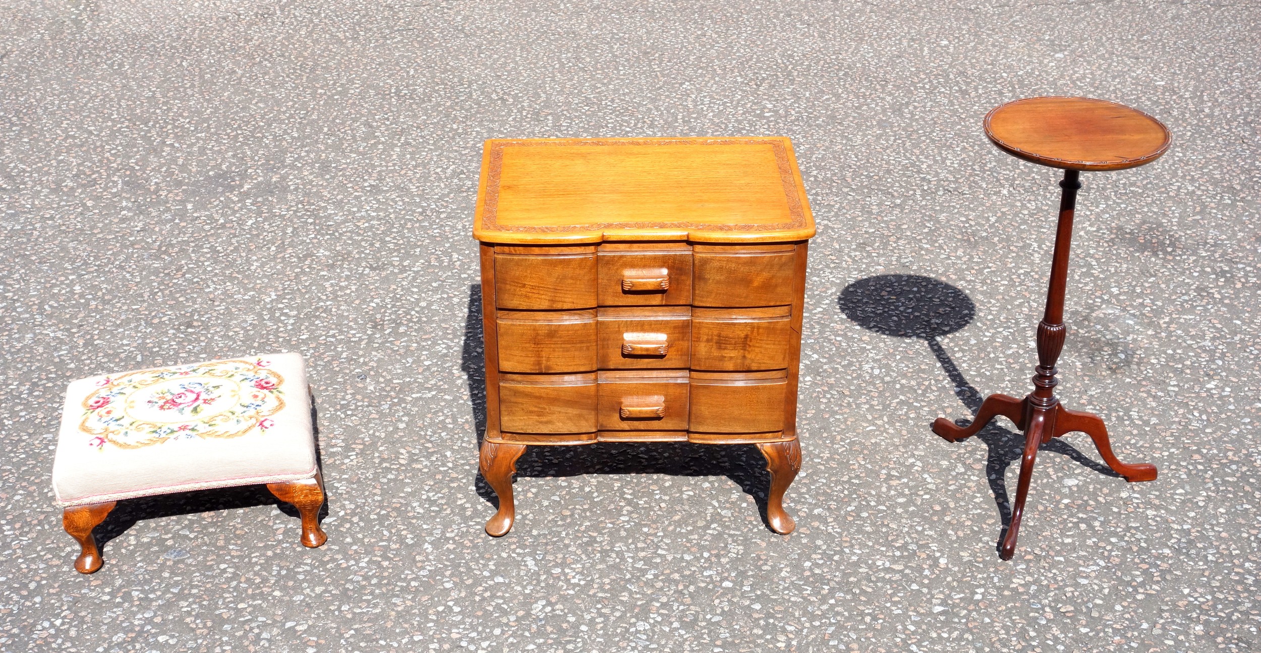 Eastern teak chest with a carved top with 3 inverted drawers, on cabriole legs, 60.5 x 54.5 x 39.