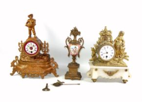 Late 19th Century French gilt spelter and alabaster mantel timepiece with a circular dial, mounted